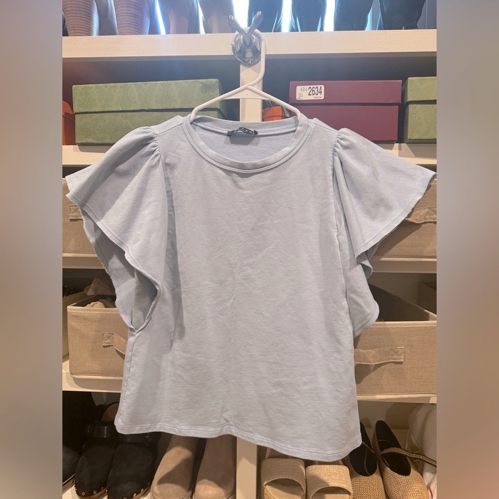 Maven West Light Blue Ruffled Sleeve Tshirt